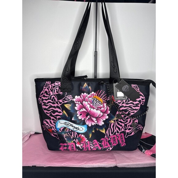 New Ed Hardy Tote Handbag Darla Print with Charms - Picture 1 of 4